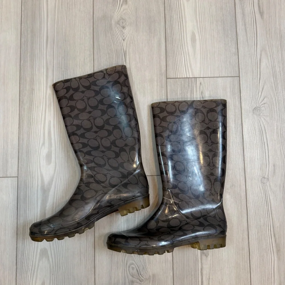 Coach Pixy Gold Brown Monogram Rubber Rain Waterproof Tall Boots Womens 10